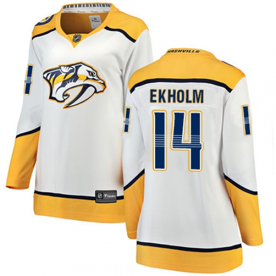 Women's Nashville Predators 14 Mattias Ekholm Fanatics Branded White Away Breakaway NHL Jersey