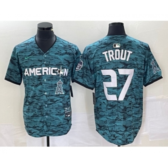 Men's Nike Los Angeles Angels 27 Mike Trout Teal 2023 All Star Cool Base Stitched Jersey1