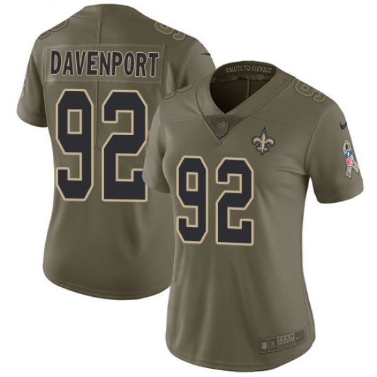Women's Nike New Orleans Saints 92 Marcus Davenport Olive Stitched NFL Limited 2017 Salute to Service Jersey