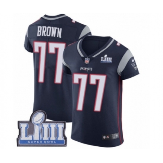 Men's Nike New England Patriots 77 Trent Brown Navy Blue Team Color Vapor Untouchable Elite Player Super Bowl LIII Bound NFL Jersey