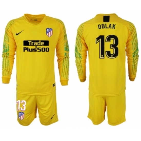Atletico Madrid 13 Oblak Yellow Goalkeeper Long Sleeves Soccer Club Jersey