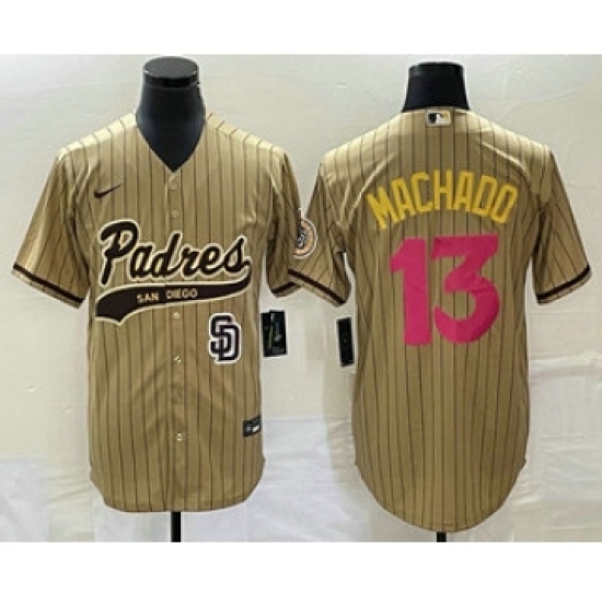 Men's San Diego Padres 13 Manny Machado Tan Pinstripe 2023 City Connect Cool Base Stitched Jersey 1