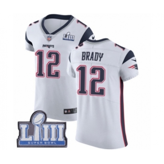 Men's Nike New England Patriots 12 Tom Brady White Vapor Untouchable Elite Player Super Bowl LIII Bound NFL Jersey