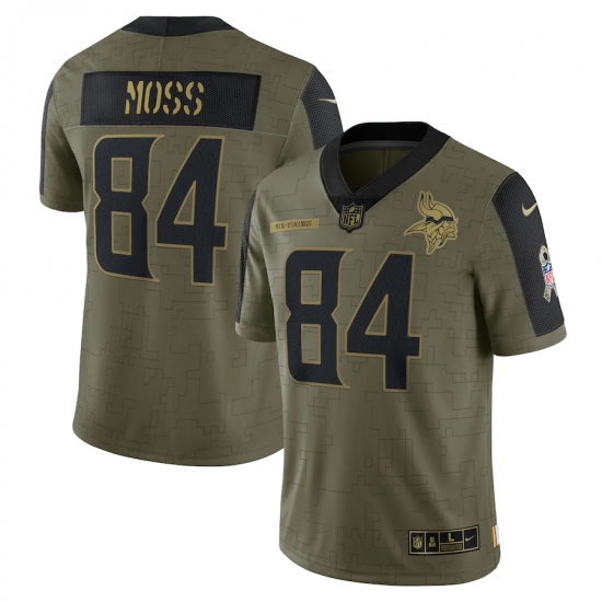 Men's Minnesota Vikings 84 Randy Moss Nike Olive 2021 Salute To Service Retired Player Limited Jersey
