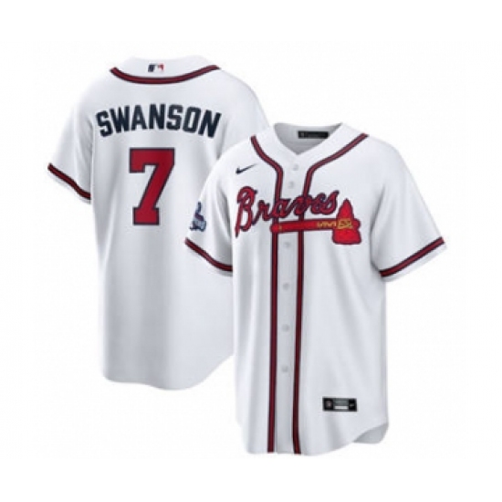 Men's Atlanta Braves 7 Dansby Swanson 2021 White World Series Champions Cool Base Stitched Jersey