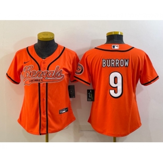 Women's Cincinnati Bengals 9 Joe Burrow Orange With Patch Cool Base Stitched Baseball Jersey