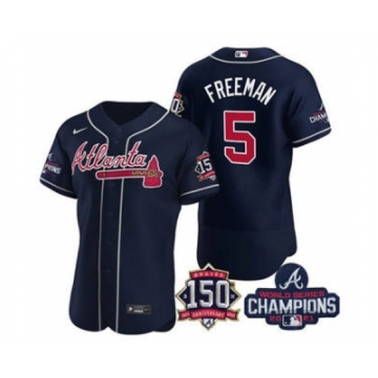 Men's Atlanta Braves 5 Freddie Freeman 2021 Navy World Series Champions With 150th Anniversary Flex Base Stitched Jersey