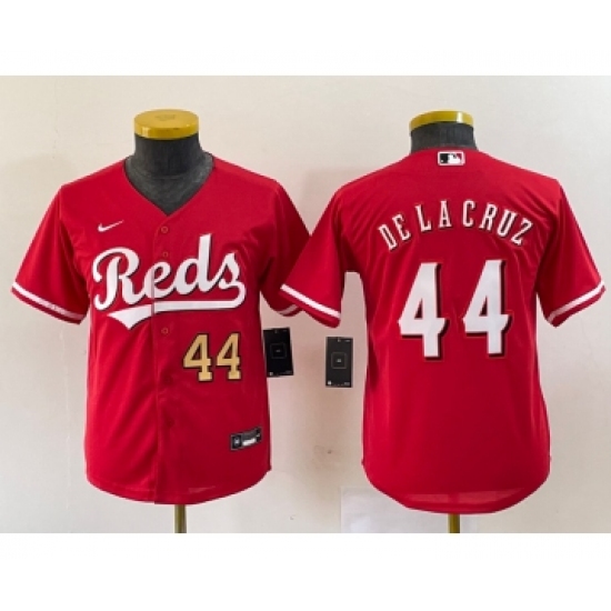 Youth Nike Cincinnati Reds 44 Elly De La Cruz Number Red Cool Base Stitched Baseball Jersey1