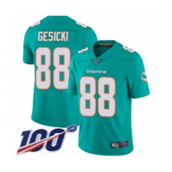Youth Miami Dolphins 88 Mike Gesicki Aqua Green Team Color Vapor Untouchable Limited Player 100th Season Football Jersey