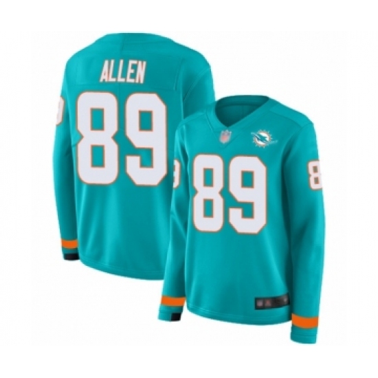 Women's Miami Dolphins 89 Dwayne Allen Limited Aqua Therma Long Sleeve Football Jersey