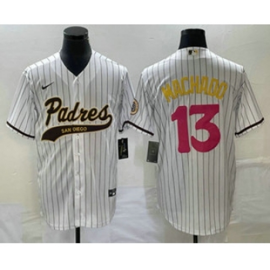 Men's San Diego Padres 13 Manny Machado White Pinstripe 2023 City Connect Cool Base Stitched Jersey