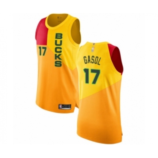 Men's Milwaukee Bucks 17 Pau Gasol Authentic Yellow Basketball Jersey - City Edition