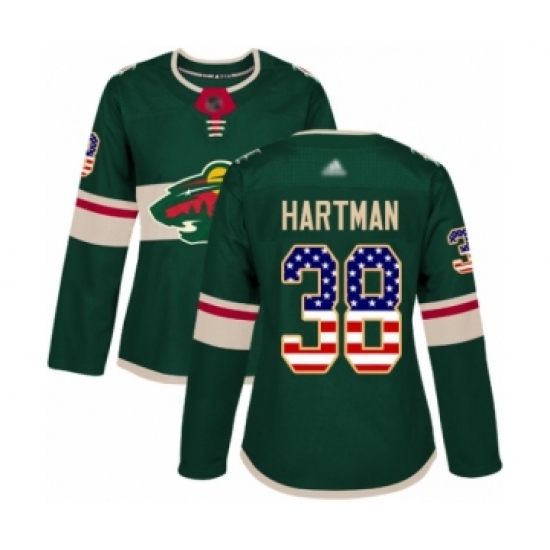 Women's Minnesota Wild 38 Ryan Hartman Authentic Green USA Flag Fashion Hockey Jersey