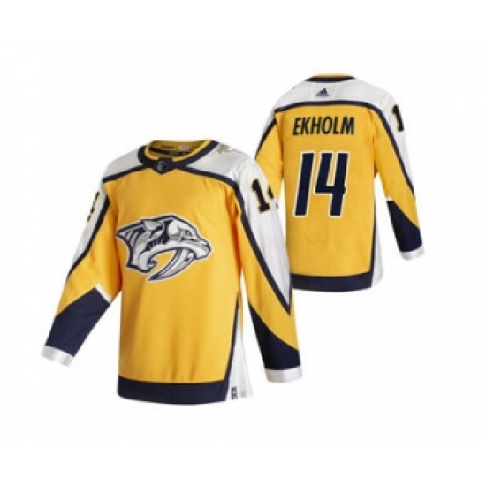 Men's Nashville Predators 14 Mattias Ekholm Yellow 2020-21 Reverse Retro Alternate Hockey Jersey