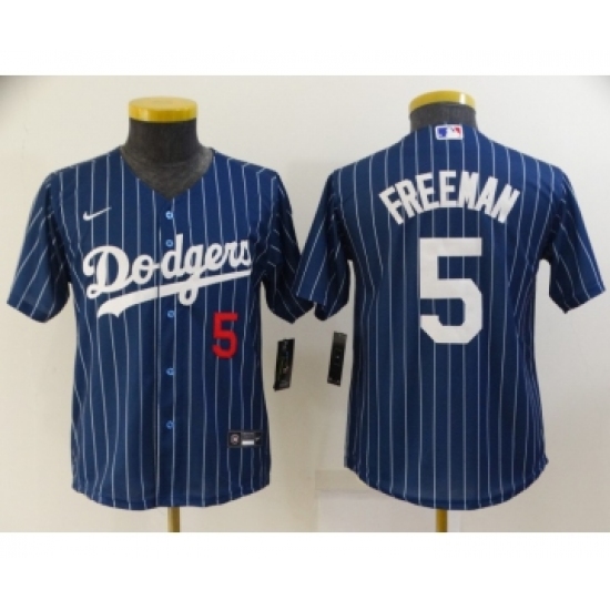 Youth Los Angeles Dodgers 5 Freddie Freeman Navy Blue Pinstripe Stitched MLB Cool Base Nike Jersey