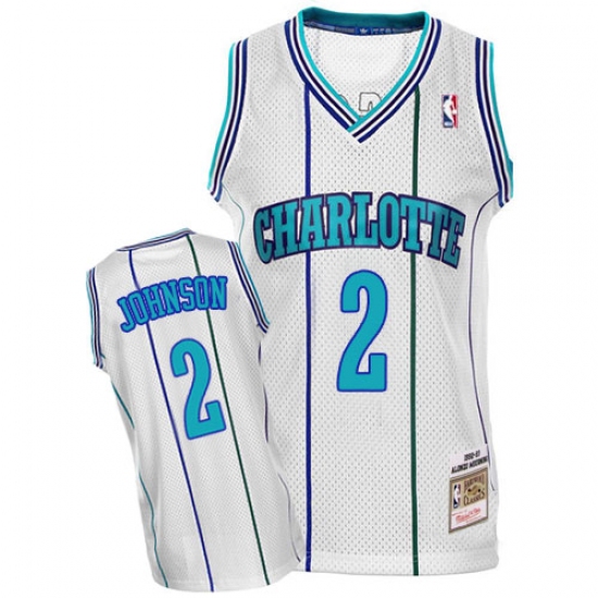 Men's Mitchell and Ness Charlotte Hornets 2 Larry Johnson Authentic White Throwback NBA Jersey