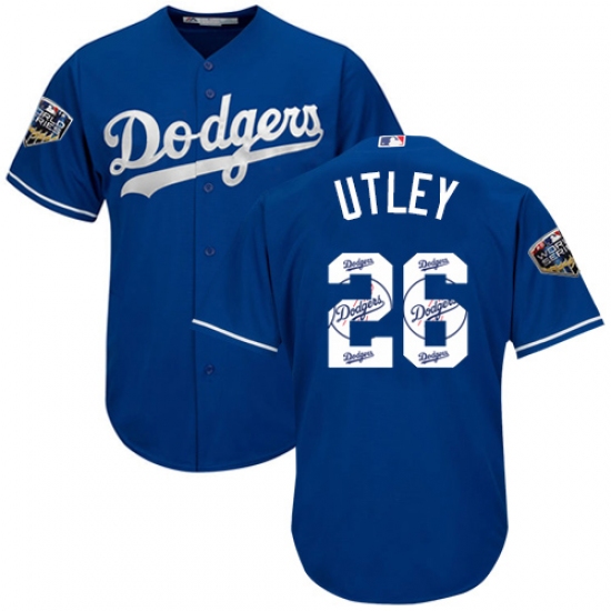 Men's Majestic Los Angeles Dodgers 26 Chase Utley Authentic Royal Blue Team Logo Fashion Cool Base 2018 World Series MLB Jersey
