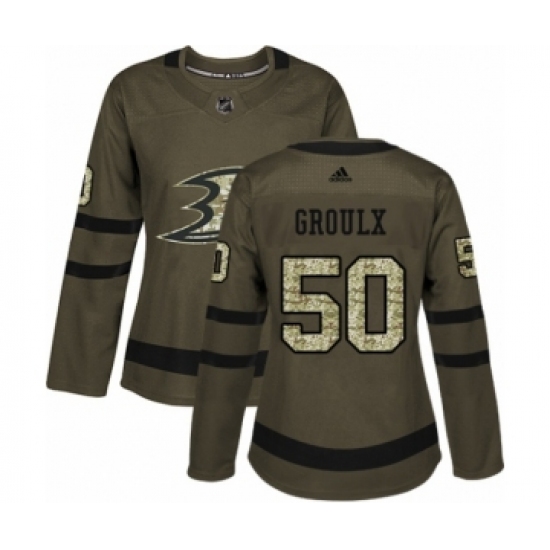 Women's Adidas Anaheim Ducks 50 Benoit-Olivier Groulx Authentic Green Salute to Service NHL Jersey