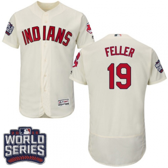 Men's Majestic Cleveland Indians 19 Bob Feller Cream 2016 World Series Bound Flexbase Authentic Collection MLB Jersey