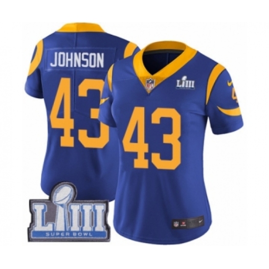 Women's Nike Los Angeles Rams 43 John Johnson Royal Blue Alternate Vapor Untouchable Limited Player Super Bowl LIII Bound NFL Jersey