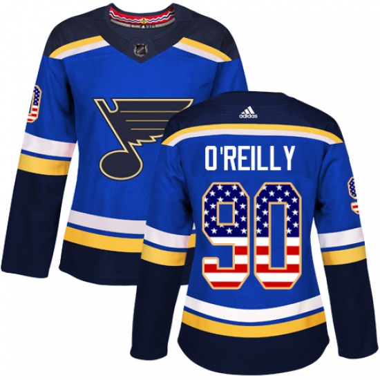 Women's Adidas St. Louis Blues 90 Ryan O'Reilly Authentic Blue USA Flag Fashion NHL Jersey
