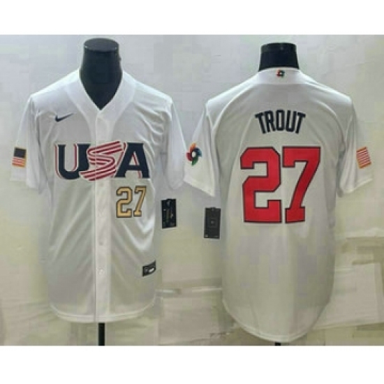 Men's USA Baseball 27 Mike Trout Number 2023 White World Baseball Classic Replica Stitched Jerseys