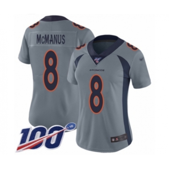 Women's Denver Broncos 8 Brandon McManus Limited Silver Inverted Legend 100th Season Football Jersey