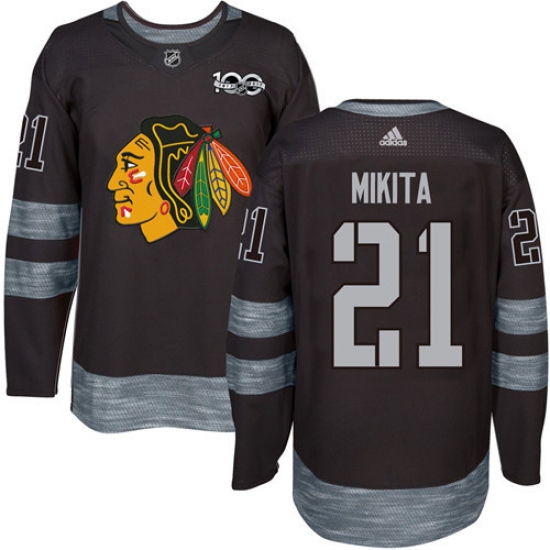Men's Adidas Chicago Blackhawks 21 Stan Mikita Authentic Black 1917-2017 100th Anniversary NHL Jersey