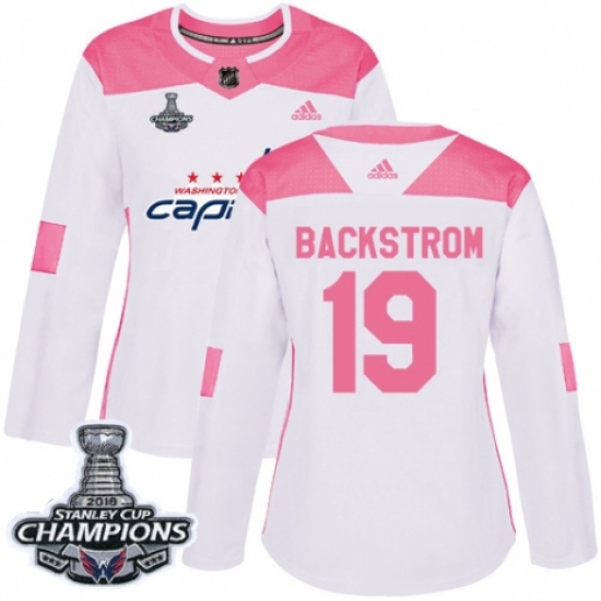 Women's Adidas Washington Capitals 19 Nicklas Backstrom Authentic White Pink Fashion 2018 Stanley Cup Final Champions NHL Jersey