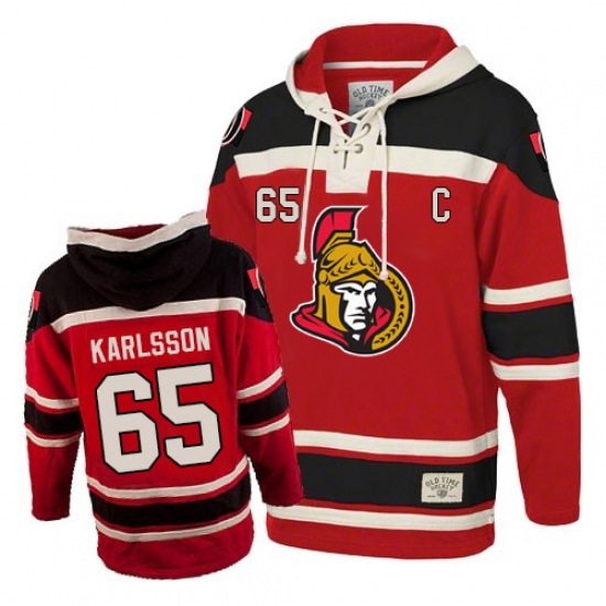 Men's Old Time Hockey Ottawa Senators 65 Erik Karlsson Authentic Red Sawyer Hooded Sweatshirt NHL Jersey