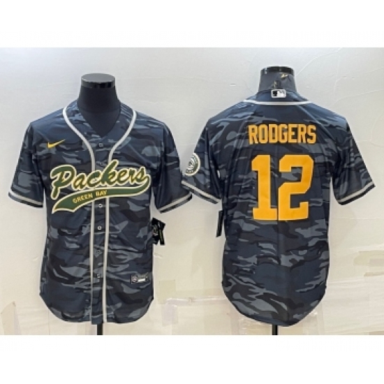 Men's Green Bay Packers 12 Aaron Rodgers Grey Gold Camo With Patch Cool Base Stitched Baseball Jersey