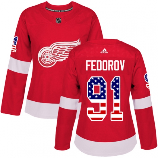 Women's Adidas Detroit Red Wings 91 Sergei Fedorov Authentic Red USA Flag Fashion NHL Jersey