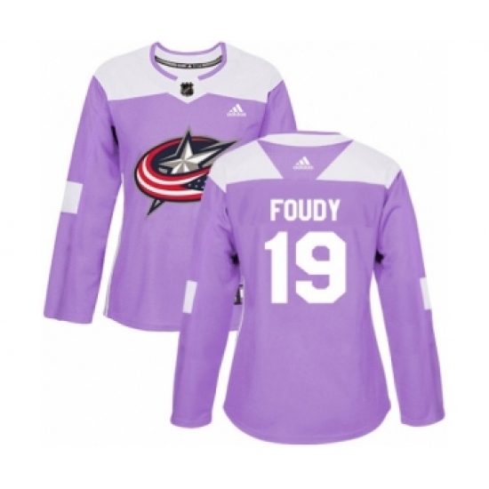 Women's Adidas Columbus Blue Jackets 19 Liam Foudy Authentic Purple Fights Cancer Practice NHL Jersey