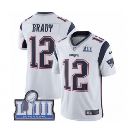 Youth Nike New England Patriots 12 Tom Brady White Vapor Untouchable Limited Player Super Bowl LIII Bound NFL Jersey