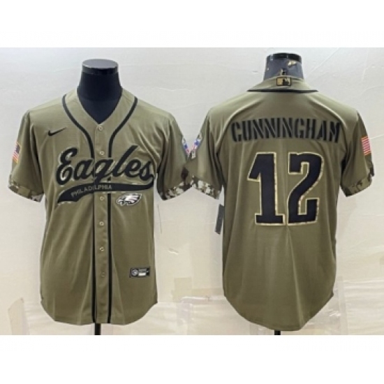 Men's Philadelphia Eagles 12 Randall Cunningham Olive 2022 Salute To Service Cool Base Stitched Baseball Jersey