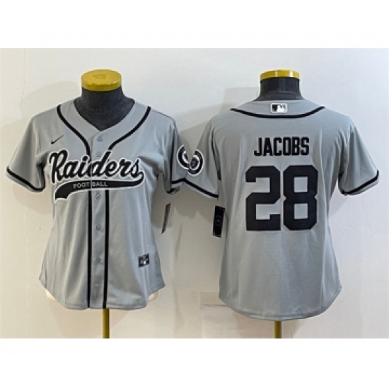 Women's Las Vegas Raiders 28 Josh Jacobs Gray With Patch Cool Base Stitched Baseball Jersey(Run Small)