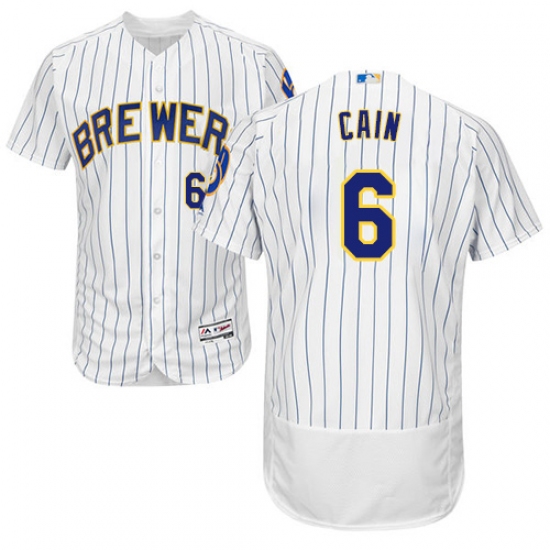 Men's Majestic Milwaukee Brewers 6 Lorenzo Cain White Home Flex Base Authentic Collection MLB Jersey