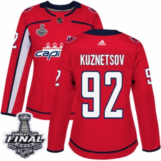 Women's Adidas Washington Capitals 92 Evgeny Kuznetsov Authentic Red Home 2018 Stanley Cup Final NHL Jersey