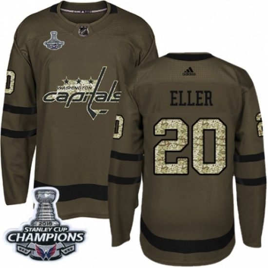 Men's Adidas Washington Capitals 20 Lars Eller Authentic Green Salute to Service 2018 Stanley Cup Final Champions NHL Jersey