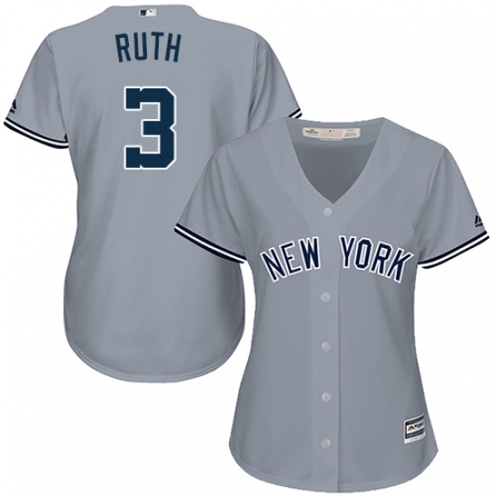 Women's Majestic New York Yankees 3 Babe Ruth Authentic Grey Road MLB Jersey