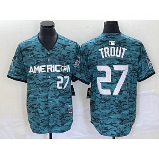 Men's Nike Los Angeles Angels 27 Mike Trout Number Teal 2023 All Star Cool Base Stitched Jersey3