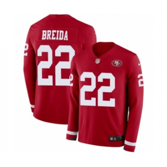 Youth Nike San Francisco 49ers 22 Matt Breida Limited Red Therma Long Sleeve NFL Jersey