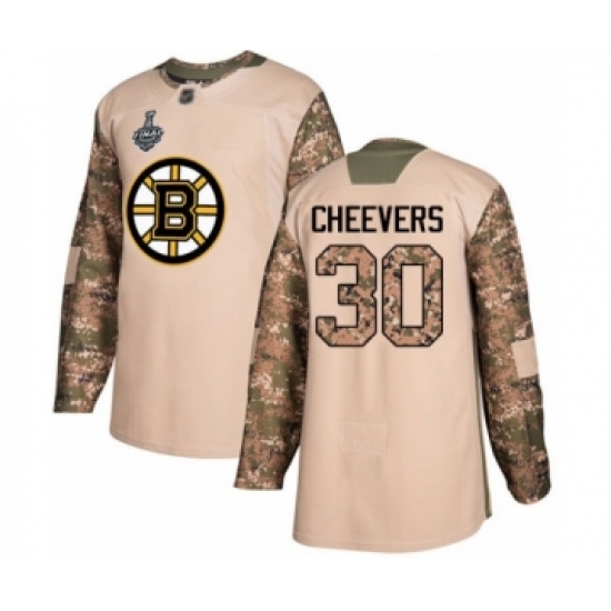 Men's Boston Bruins 30 Gerry Cheevers Authentic Camo Veterans Day Practice 2019 Stanley Cup Final Bound Hockey Jersey