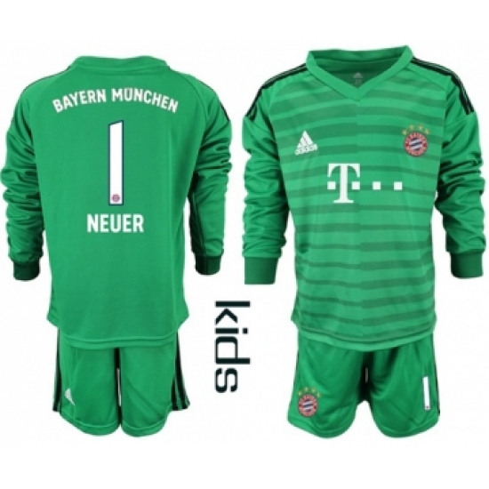 Bayern Munchen 1 Neuer Green Goalkeeper Long Sleeves Kid Soccer Club Jersey