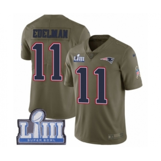Men's Nike New England Patriots 11 Julian Edelman Limited Olive 2017 Salute to Service Super Bowl LIII Bound NFL Jersey