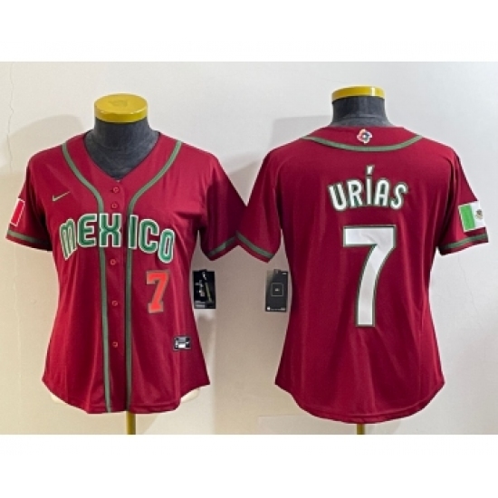 Women's Mexico Baseball 7 Julio Urias Number 2023 Red World Baseball Classic Stitched Jerseys