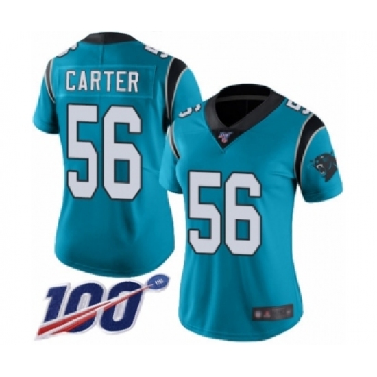 Women's Carolina Panthers 56 Jermaine Carter Limited Blue Rush Vapor Untouchable 100th Season Football Jersey