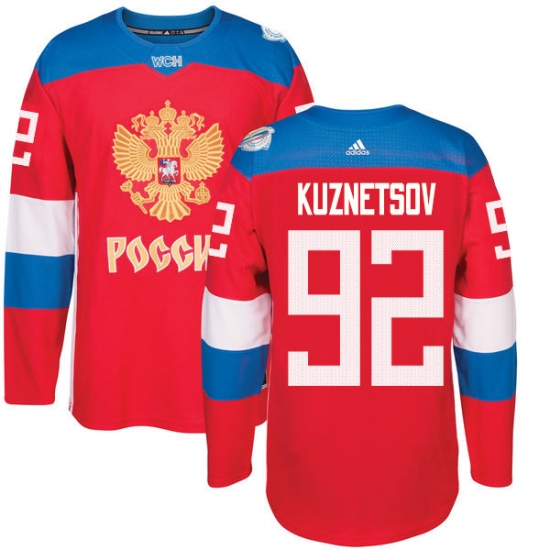 Men's Adidas Team Russia 92 Evgeny Kuznetsov Authentic Red Away 2016 World Cup of Hockey Jersey