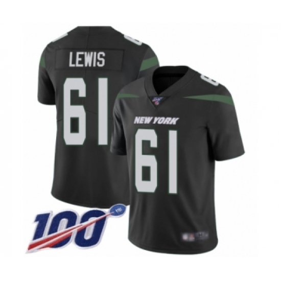 Men's New York Jets 61 Alex Lewis Black Alternate Vapor Untouchable Limited Player 100th Season Football Jersey