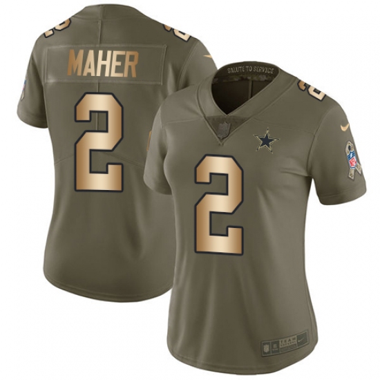 Women's Nike Dallas Cowboys 2 Brett Maher Limited Olive Gold 2017 Salute to Service NFL Jersey